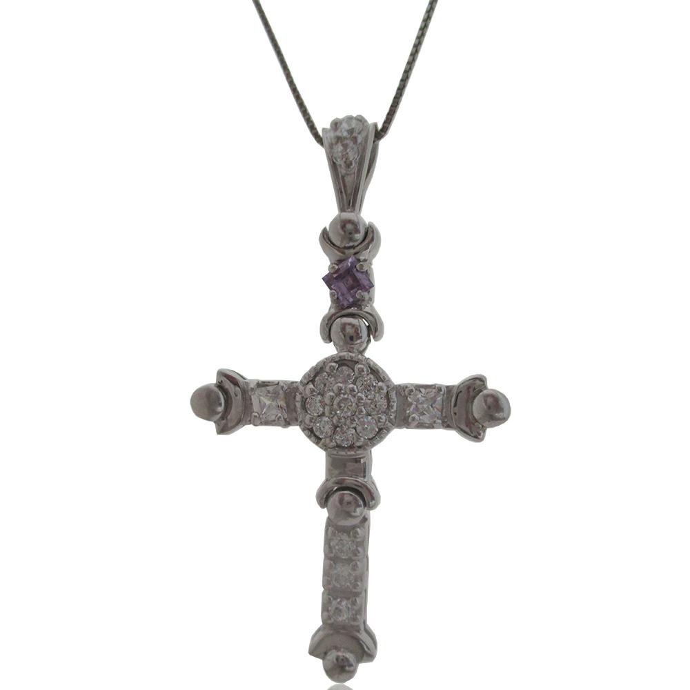 Collana con croce celtica in argento 925 rodiato mm 60x34 con zirconi bianchi e viola