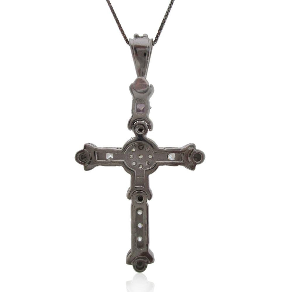Collana con croce celtica in argento 925 rodiato mm 60x34 con zirconi bianchi e viola