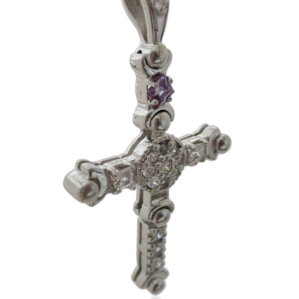 Collana con croce celtica in argento 925 rodiato mm 60x34 con zirconi bianchi e viola