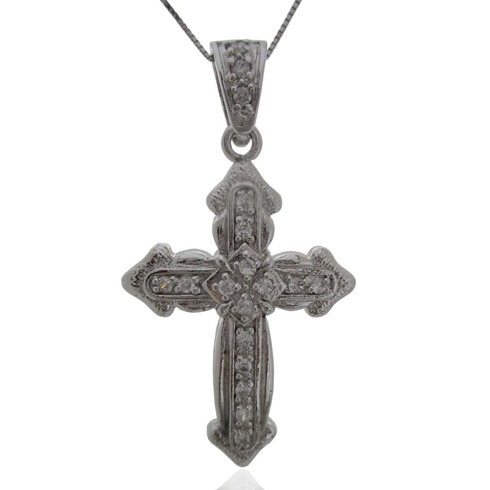 Collana con croce con punte a lancia in argento 925 rodiato mm 55x36 con zirconi bianchi