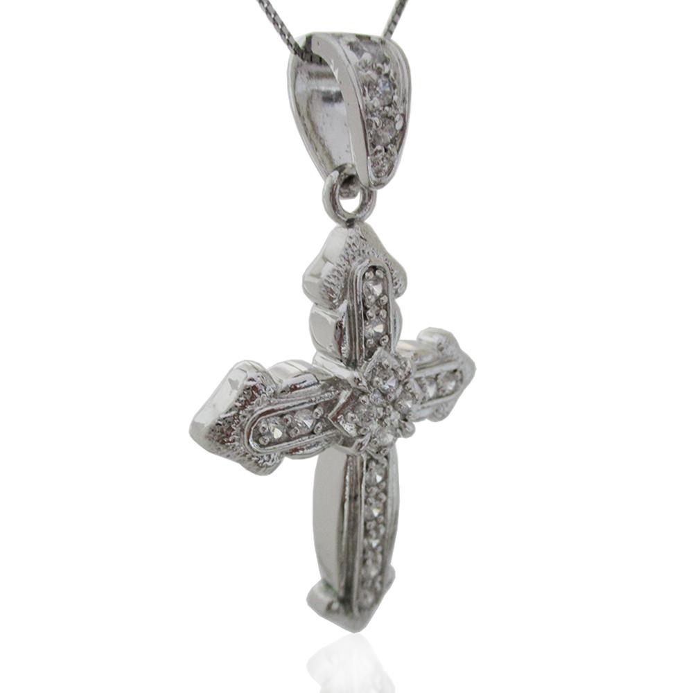 Collana con croce con punte a lancia in argento 925 rodiato mm 55x36 con zirconi bianchi