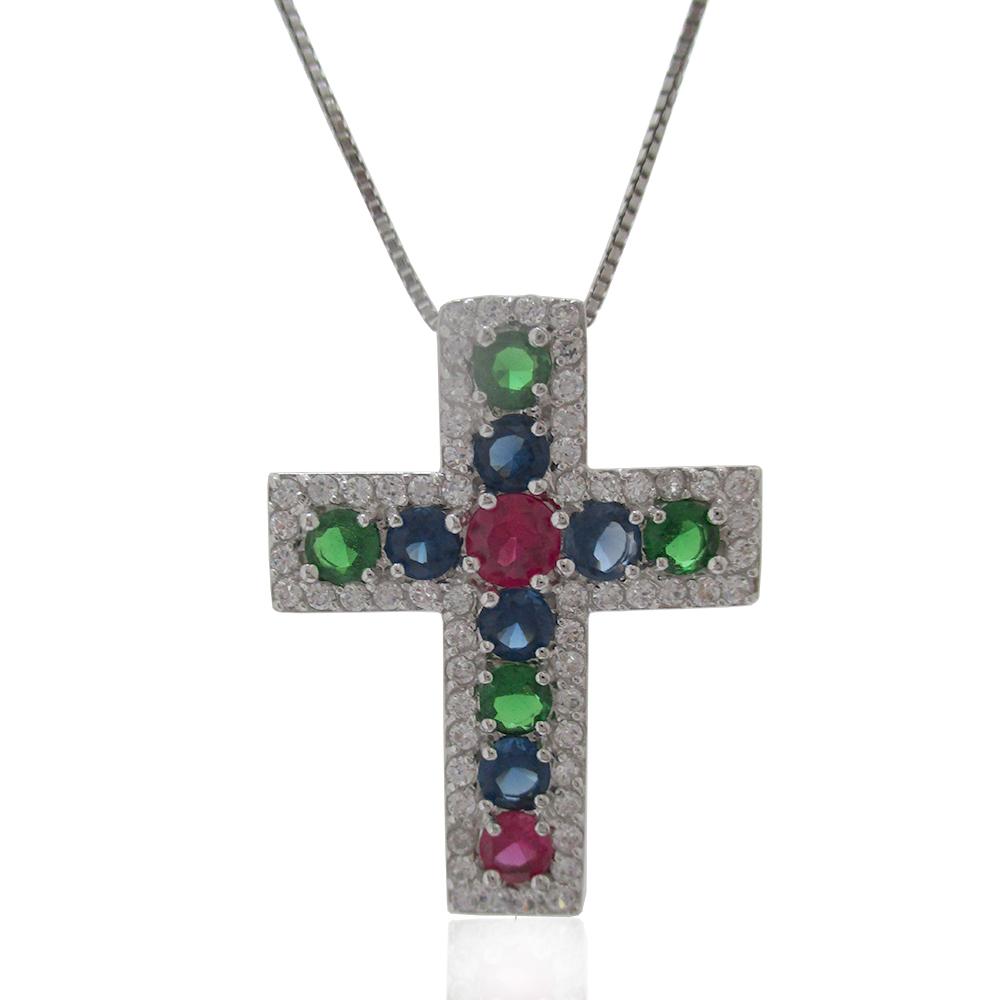 Collana con croce mm 32x25 in argento 925 rodiato con zirconi multicolor