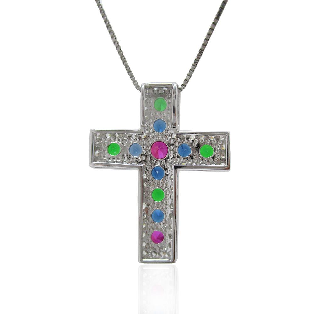 Collana con croce mm 32x25 in argento 925 rodiato con zirconi multicolor