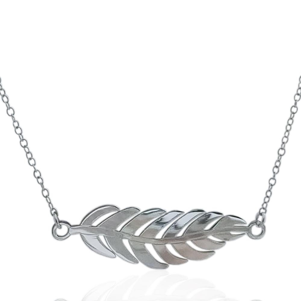 Collana con piuma con catena forzatina cm 45 in argento 925 rodiato