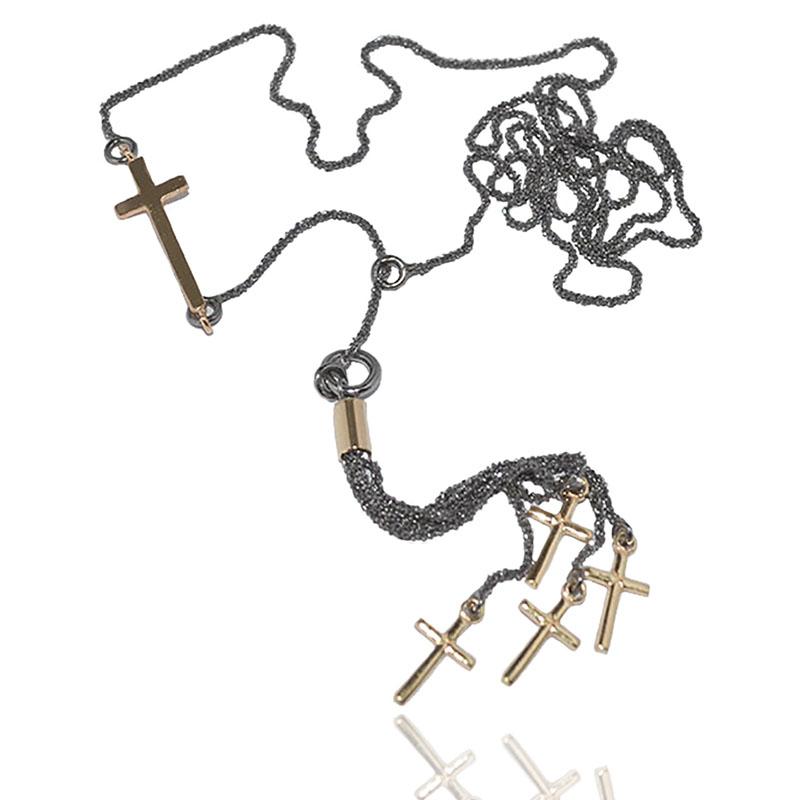 Collana cravatta micro disco con crocette pl oro a ciuffo in argento placcato rutenio