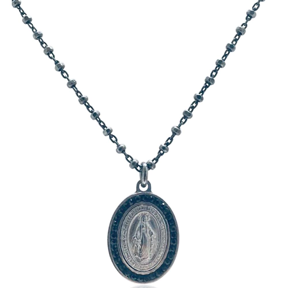 Collana forzatina cm 45 in argento 925 placcato rutenio con sfere faccettate da mm 1,8 e con medaglia ovale madonna miracolosa con strass neri