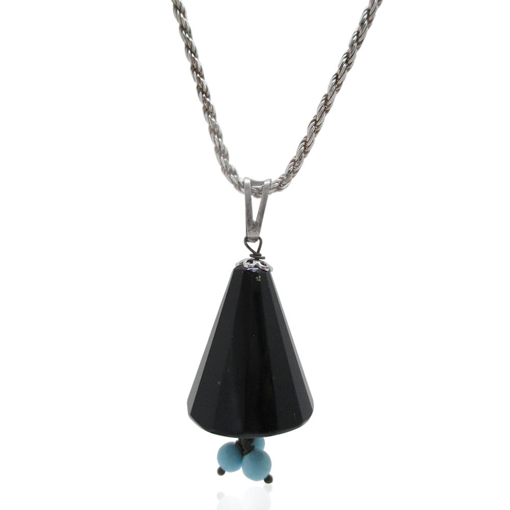 Collana funetta in argento 925 rodiato con ciondolo cono in onice nera faccettata e sfere di turchese