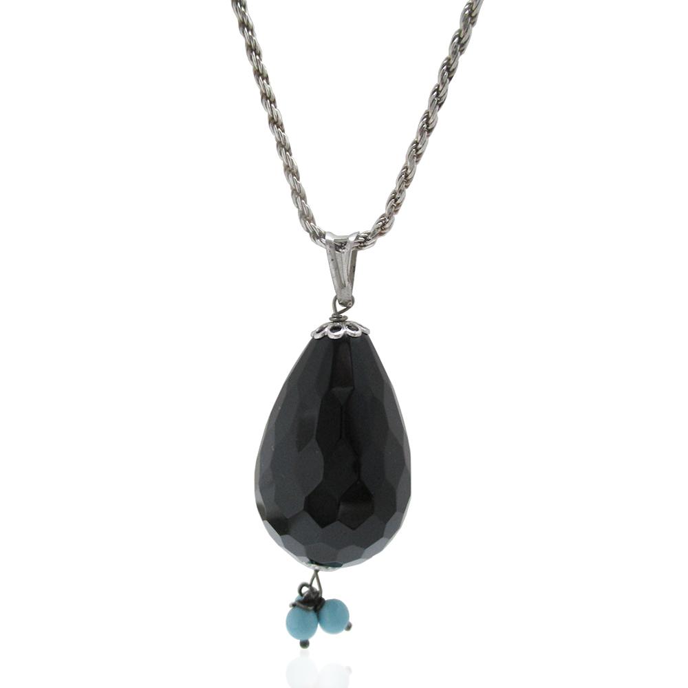 Collana funetta in argento 925 rodiato con ciondolo a goccia in onice nera faccettata e sfere di turchese