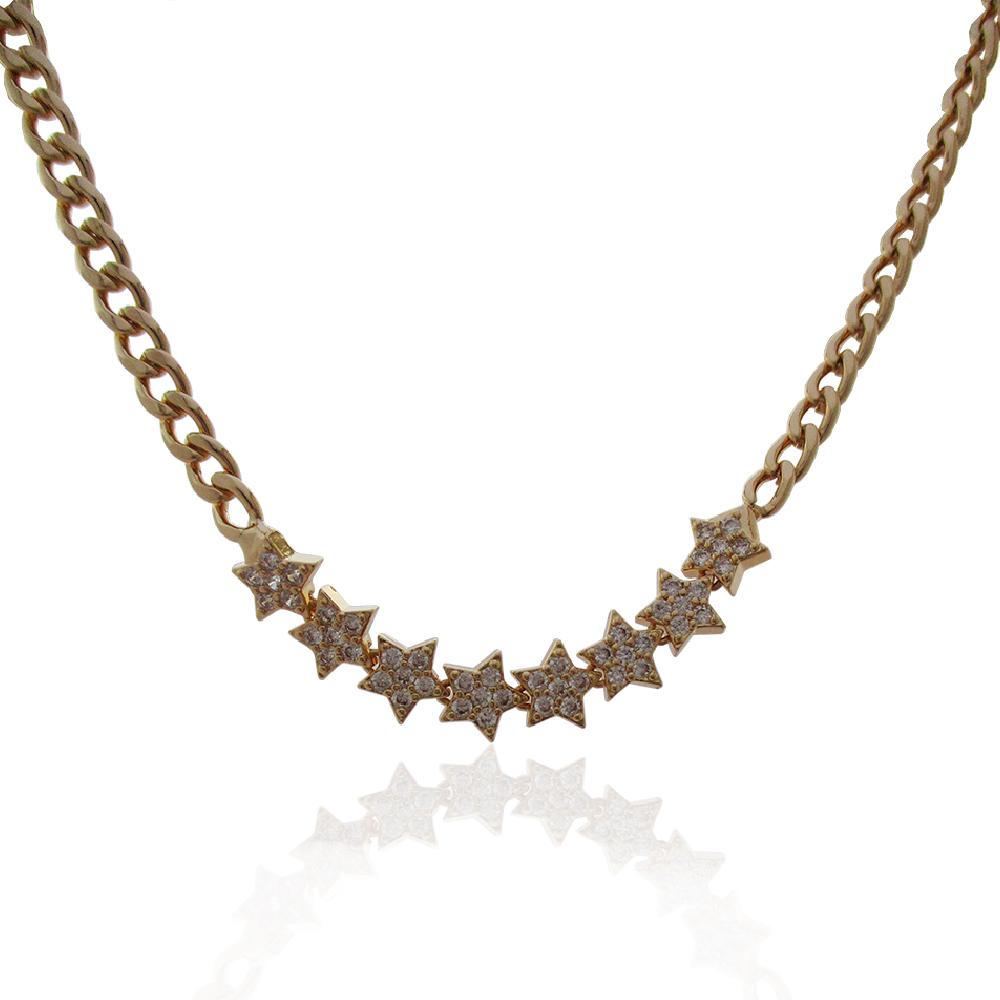Collana grumetta cm 36-42 in alluminio laminato oro con stelle con strass bianchi
