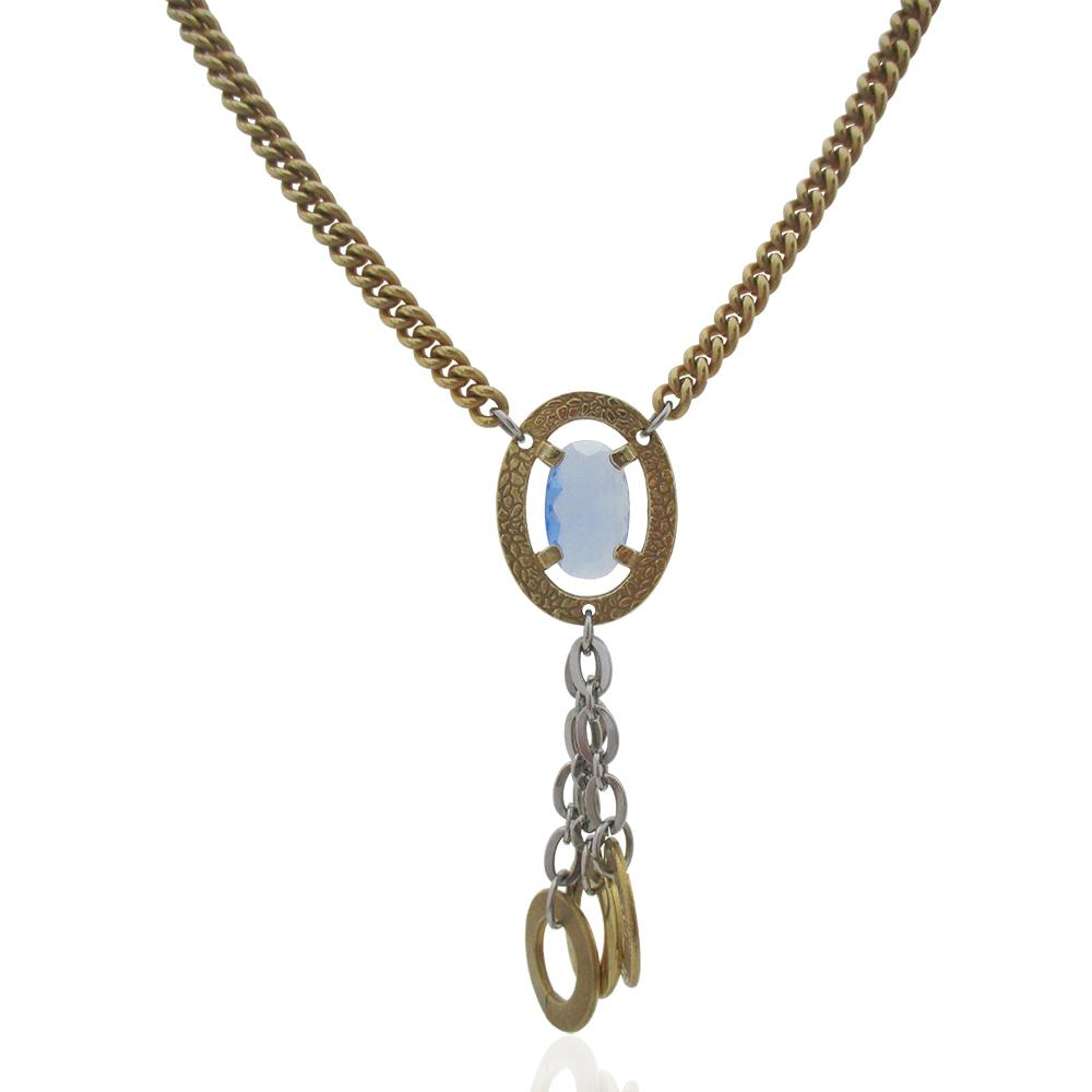 Collana grumetta stile romano cm 48 in acciaio placcato oro giallo con grande ciondolo con pietra ovale azzurra