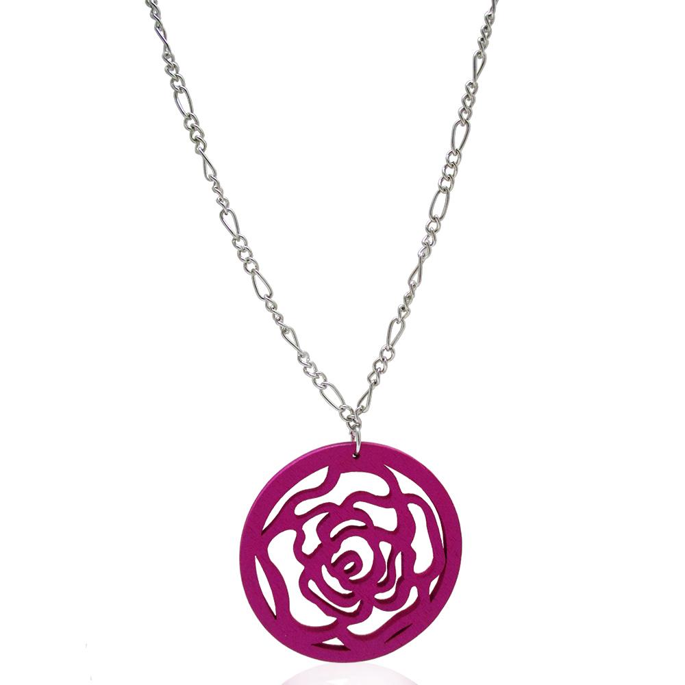 Collana in acciaio cm 70 a maglia figaro con ciondolo rosa in legno colorato