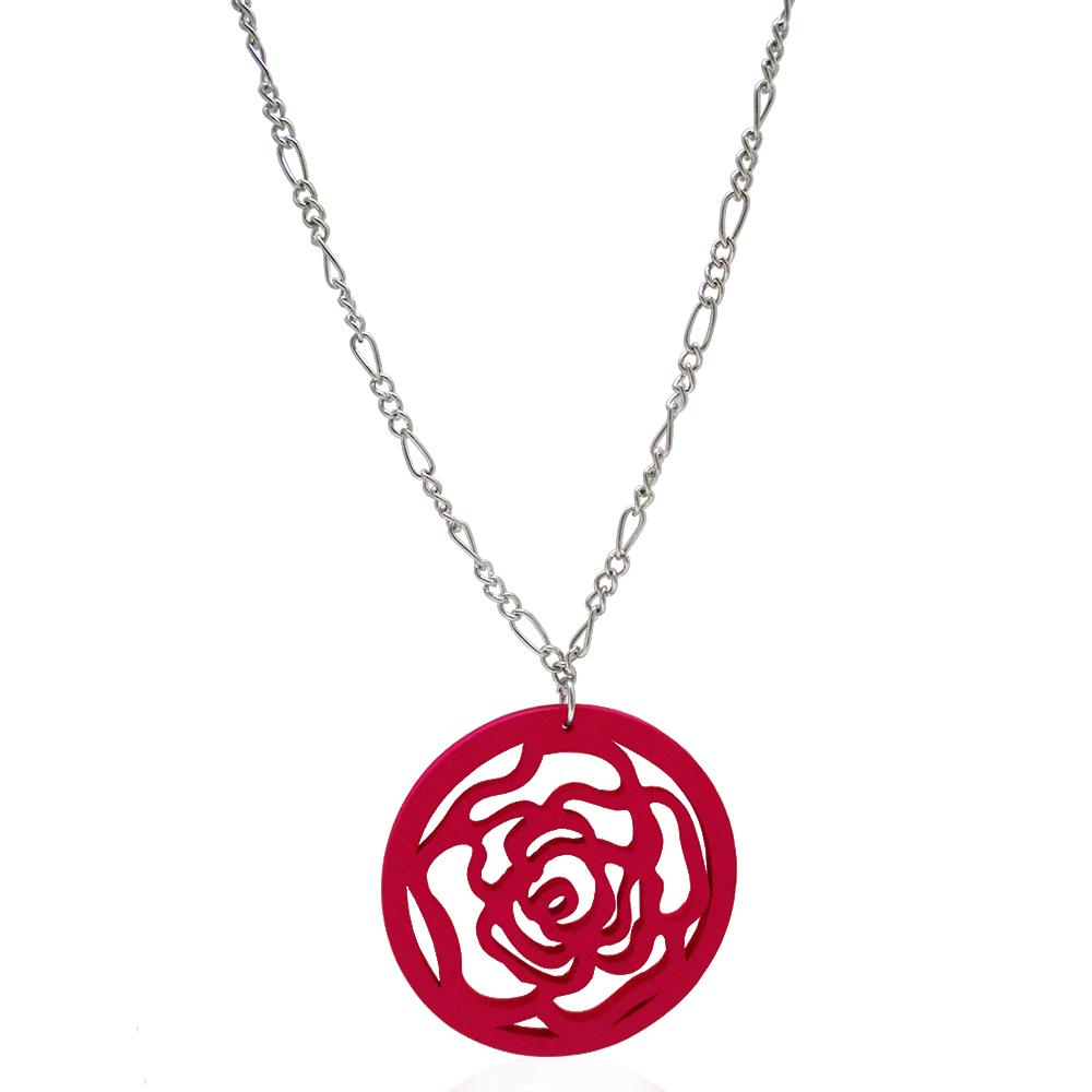 Collana in acciaio cm 70 a maglia figaro con ciondolo rosa in legno colorato