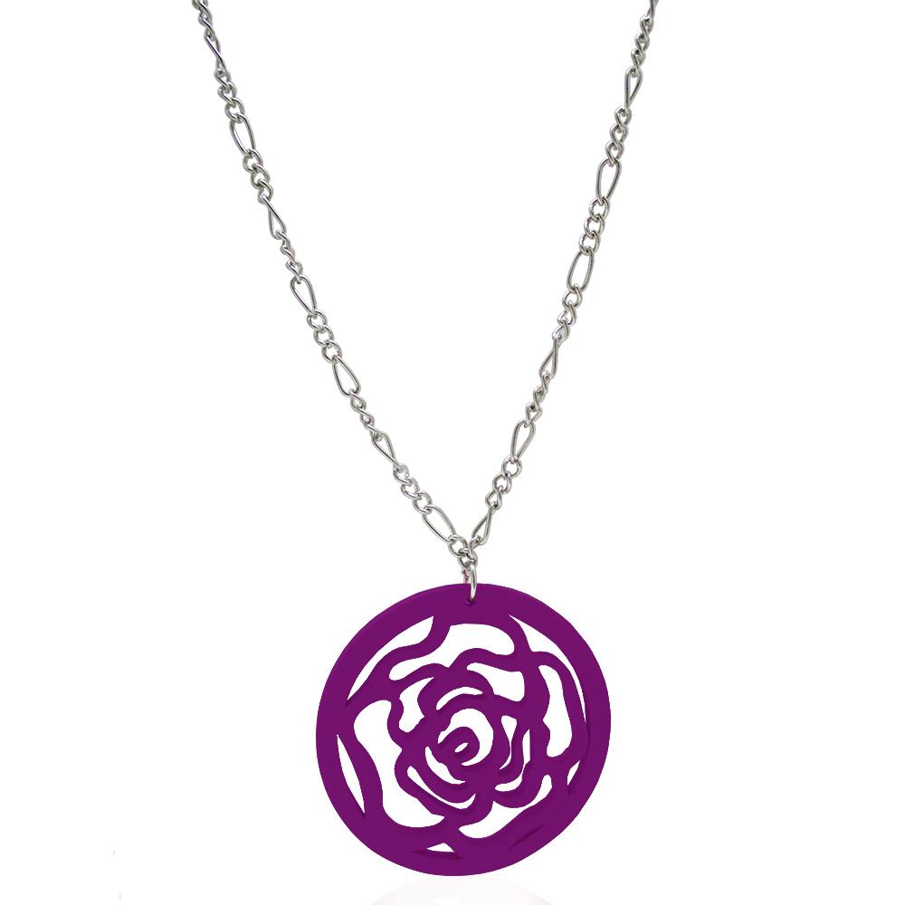Collana in acciaio cm 70 a maglia figaro con ciondolo rosa in legno colorato
