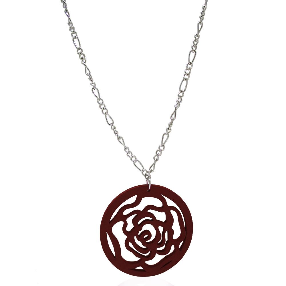 Collana in acciaio cm 70 a maglia figaro con ciondolo rosa in legno colorato