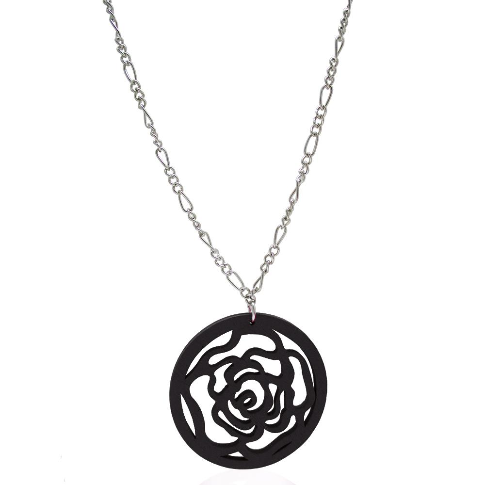 Collana in acciaio cm 70 a maglia figaro con ciondolo rosa in legno colorato