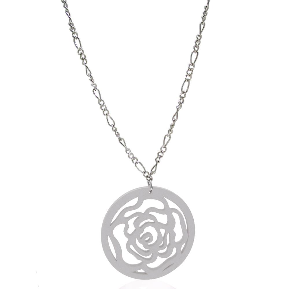 Collana in acciaio cm 70 a maglia figaro con ciondolo rosa in legno colorato