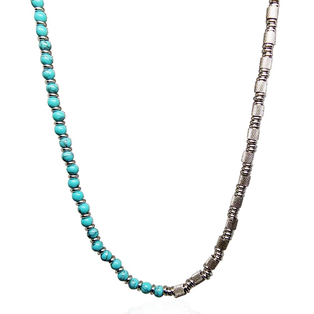 Collana in acciaio anallergico con sfere turchese e cilindri cm 50-55