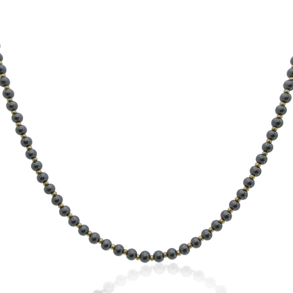 Collana cm 45 in argento 925 rodiato con sfere ematite da 4 mm ed inserti placcati oro giallo