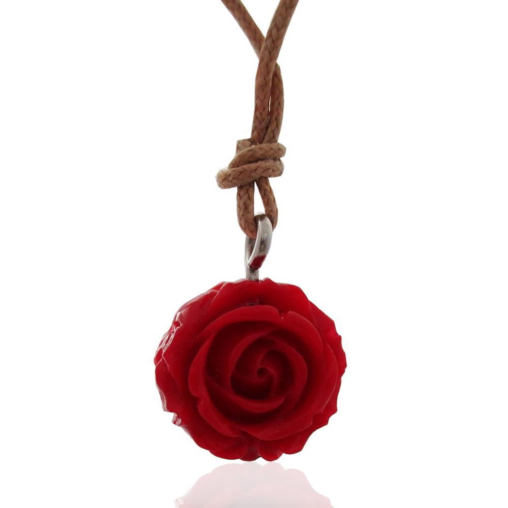 Collana in cotone cerato marrone con ciondolo rosa mm 17 in resina rossa
