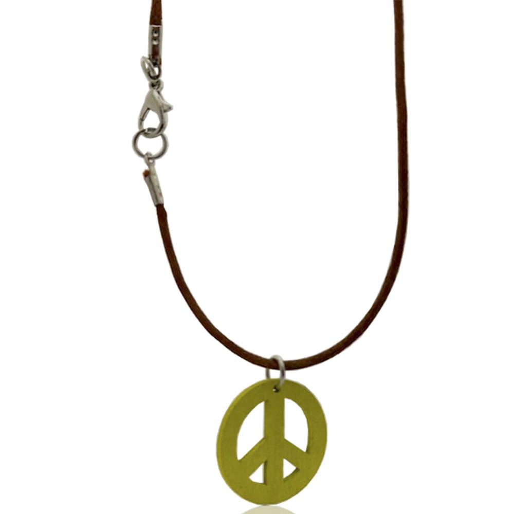 Collana in seta cerata marrone con chiusura e con ciondolo simbolo della pace in legno mm 24