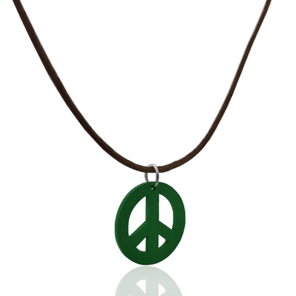 Collana in seta cerata marrone con chiusura e con ciondolo simbolo della pace in legno mm 24