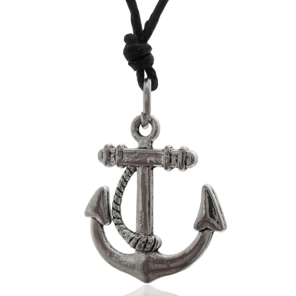 Collana in seta cerata nera con ciondolo ancora con corda in acciaio mm 23x19
