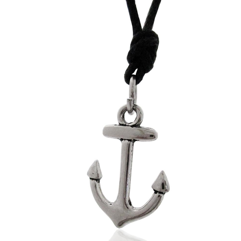 Collana in seta cerata nera con ciondolo ancora in acciaio mm 21x15