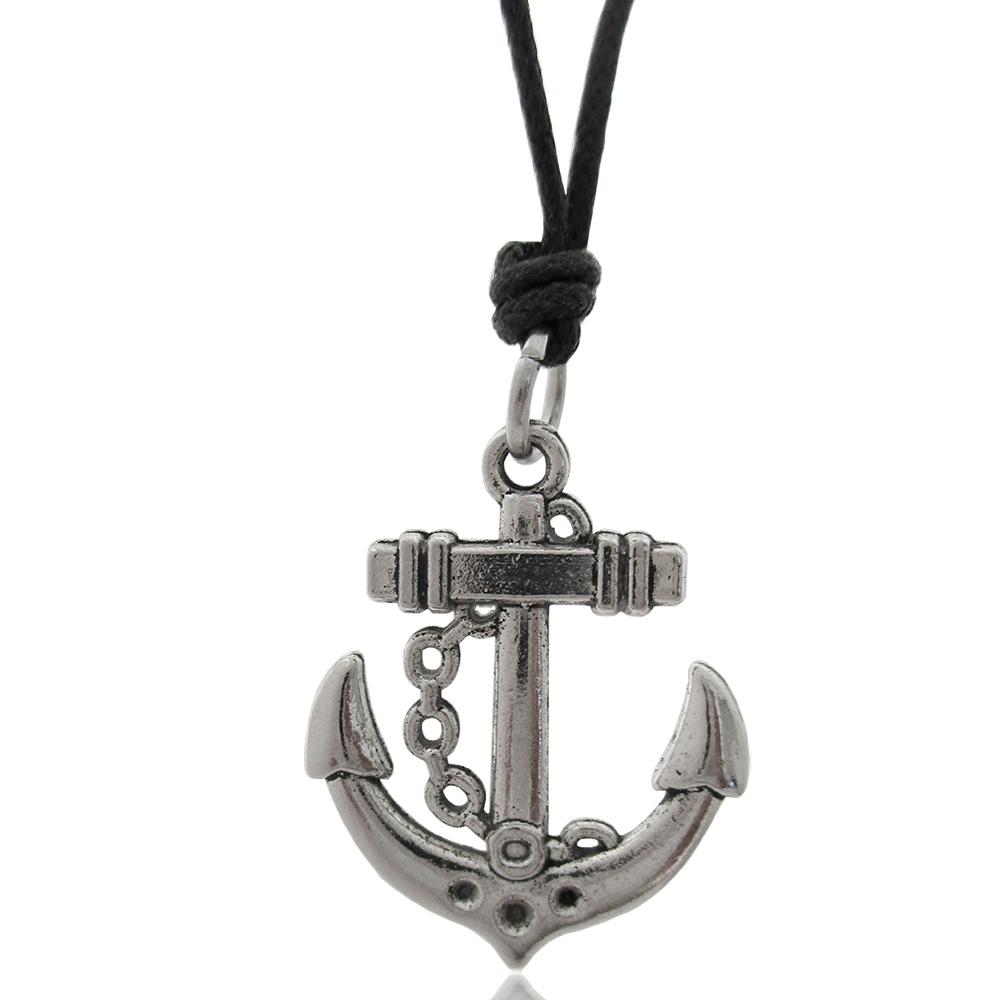Collana in seta cerata nera con ciondolo ancora in acciaio mm 25x20