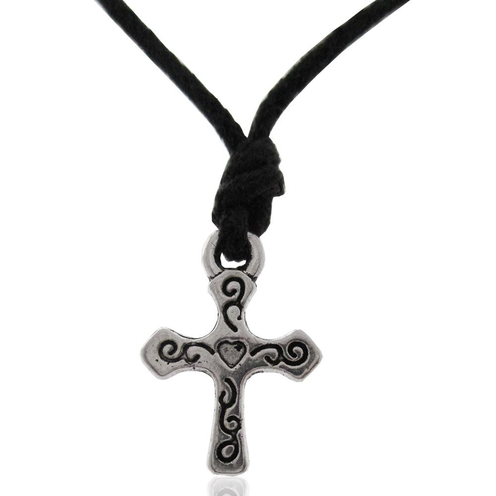 Collana in seta cerata nera con ciondolo in acciaio mm 15x11 croce incisa