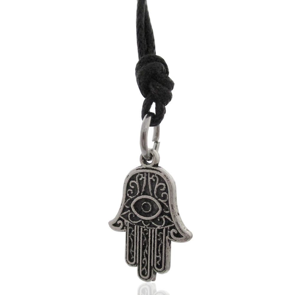 Collana in seta cerata nera con ciondolo in acciaio mm 18x13 mano di fatima