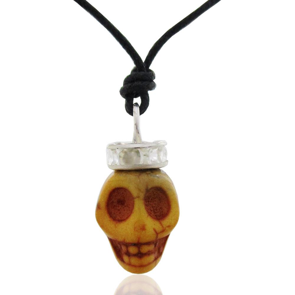 Collana in seta cerata nera con ciondolo in aulite arancione mm 12x10 teschio con corona di strass