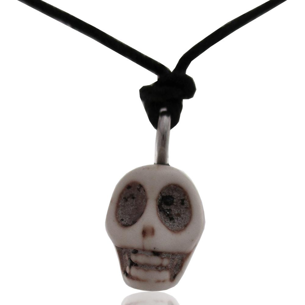 Collana in seta cerata nera con ciondolo in aulite bianca mm 12x10 teschio
