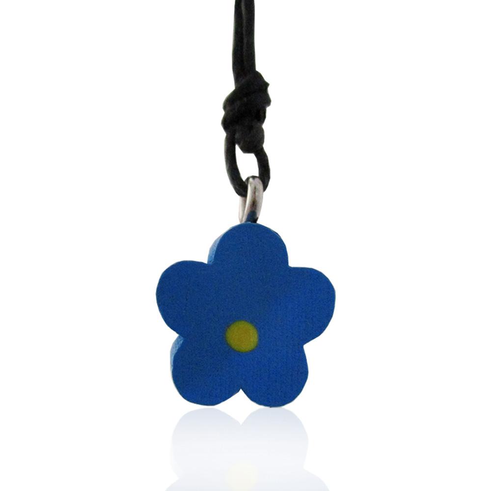 Collana in seta cerata nera con ciondolo in legno margherita blu mm 15x15