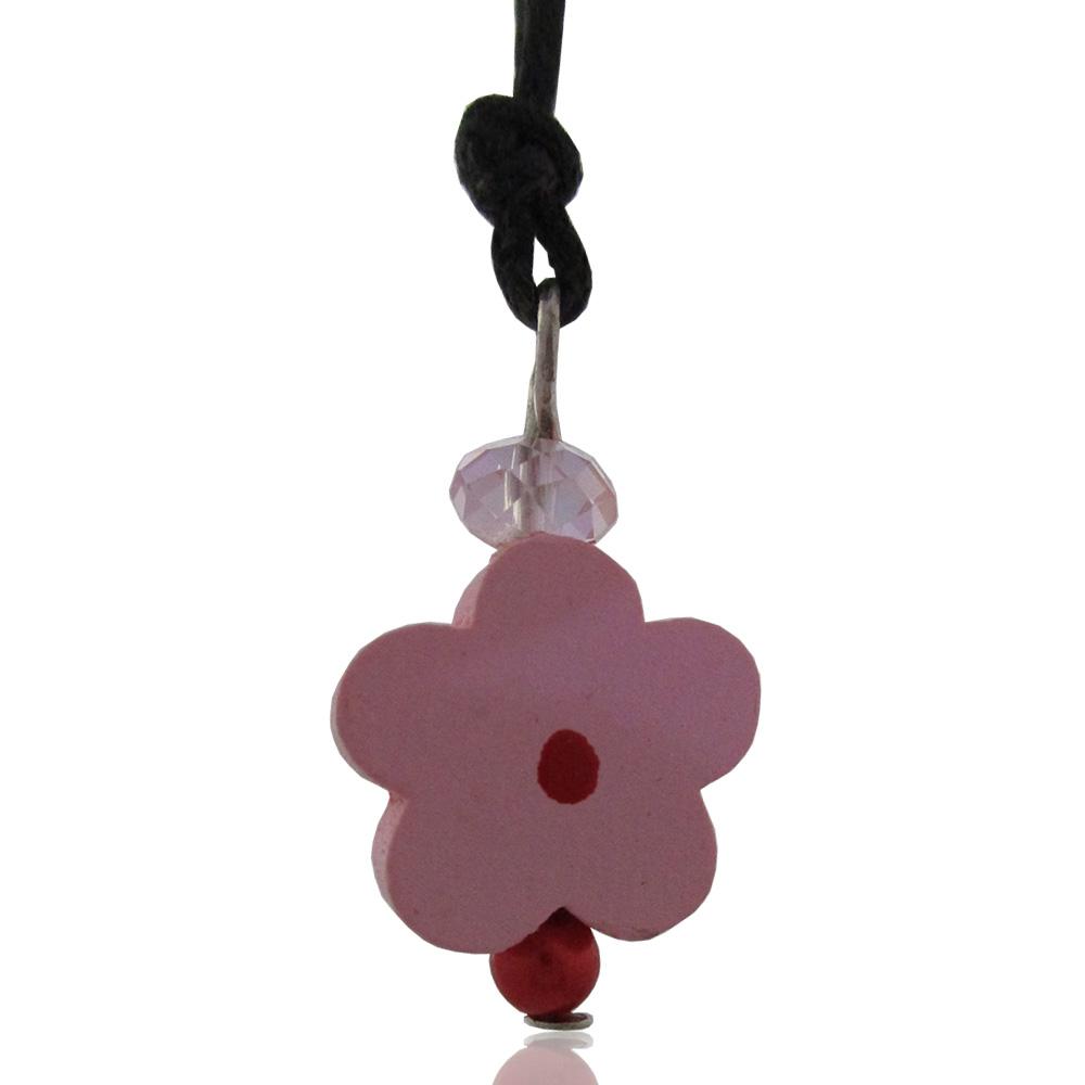 Collana in seta cerata nera con ciondolo in legno margherita rosa mm 15x15