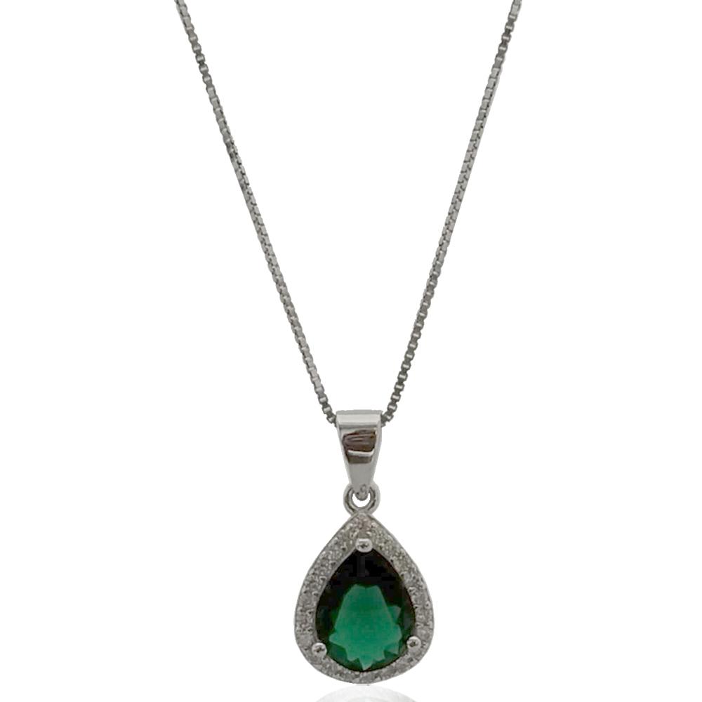 Collana a maglia veneziana con ciondolo goccia mm 14x10 in argento 925 rodiato con zirconi bianchi e centrale verde