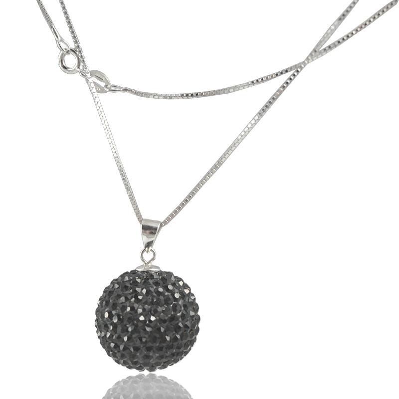 Collana a pallina o veneta cm 60 con bola chiama angeli mm 16 in argento titolo 925 rodiato con strass neri di prima qualita'