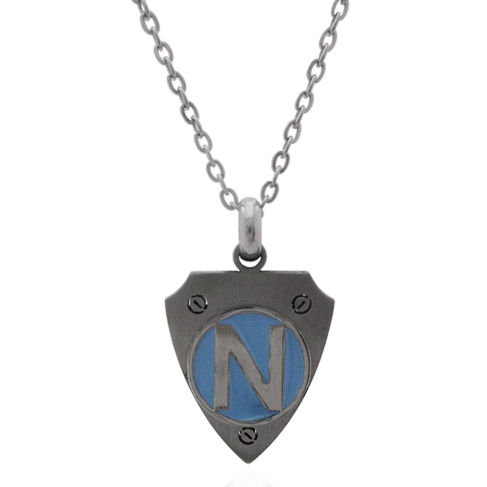 Collana napoli scudata a maglia rolo in acciaio satinato e smalto azzurro