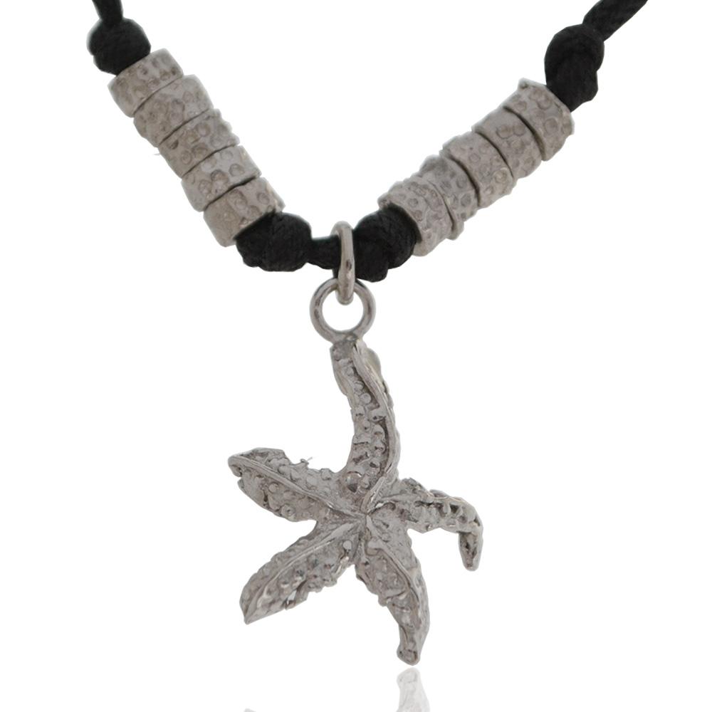 Collana nera in cuoio cerato con pepite e stella marina centrale in argento massiccio 925