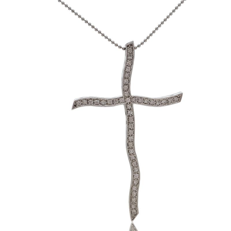 Collana pallina cm 50 in argento 925 rodiato con ciondolo croce mm 84x52 con zirconi bianchi in taglio brillante