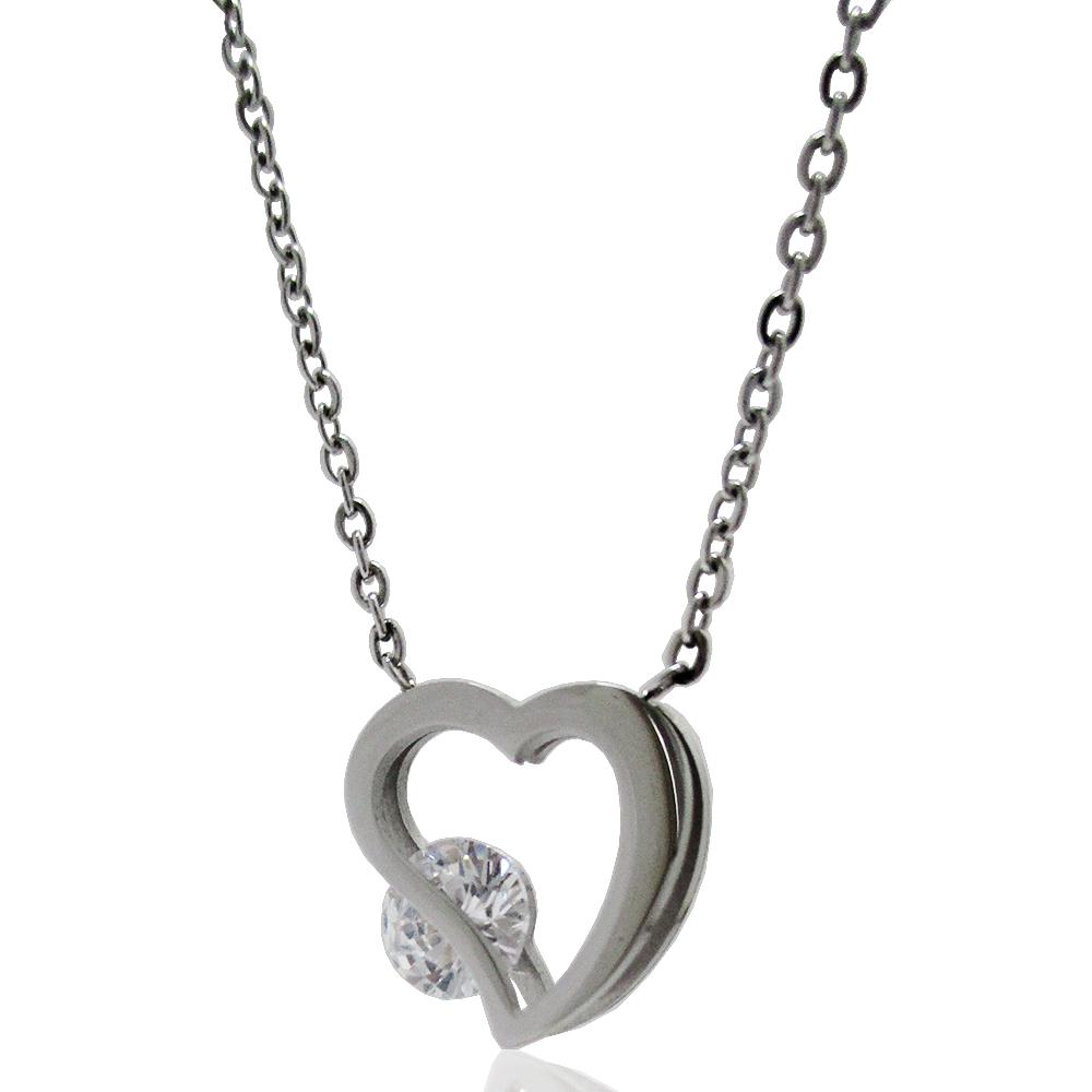 Collana rolo' cm 45-50 in acciaio lucido con cuore doppio e zircone bianco