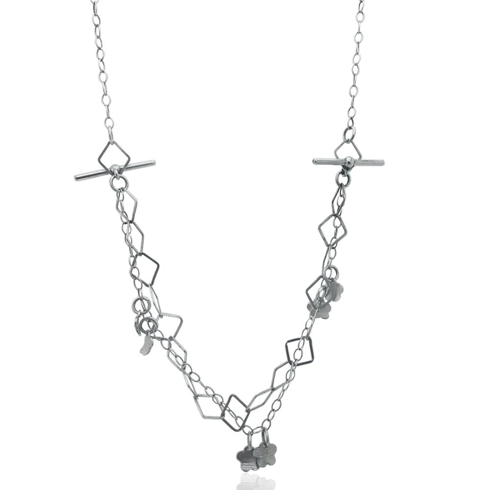 Collana rolo' cm 45 in argento 925 rodiato con ciondoli fiore pendenti e catena a rombo