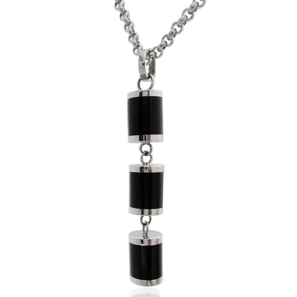 Collana rolo' cm 55 con ciondolo con 3 pesetti a cilindro da mm 12x9 in acciaio nero-bianco
