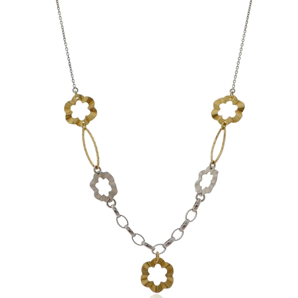 Collana donna rolo' in argento 925 rodiato cm 57 con fiori a 6 petali da mm 11 placcati in oro giallo