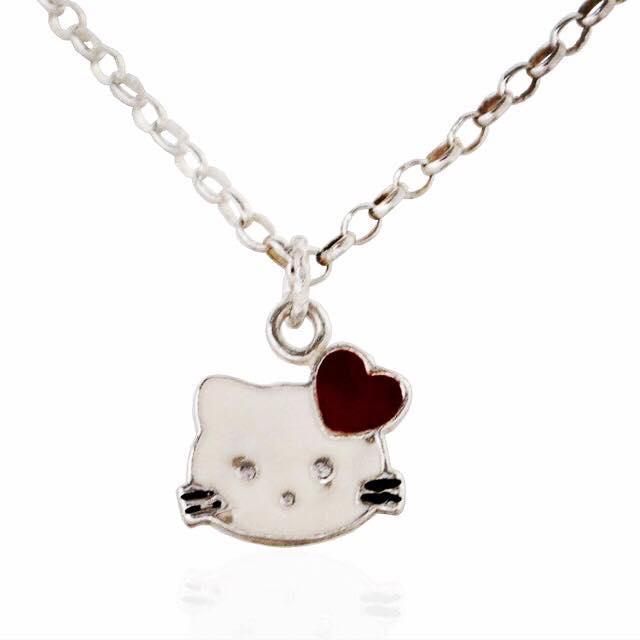 Collana rolo' hello kitty con cuore rosso in argento titolo 925 smaltato a fuoco