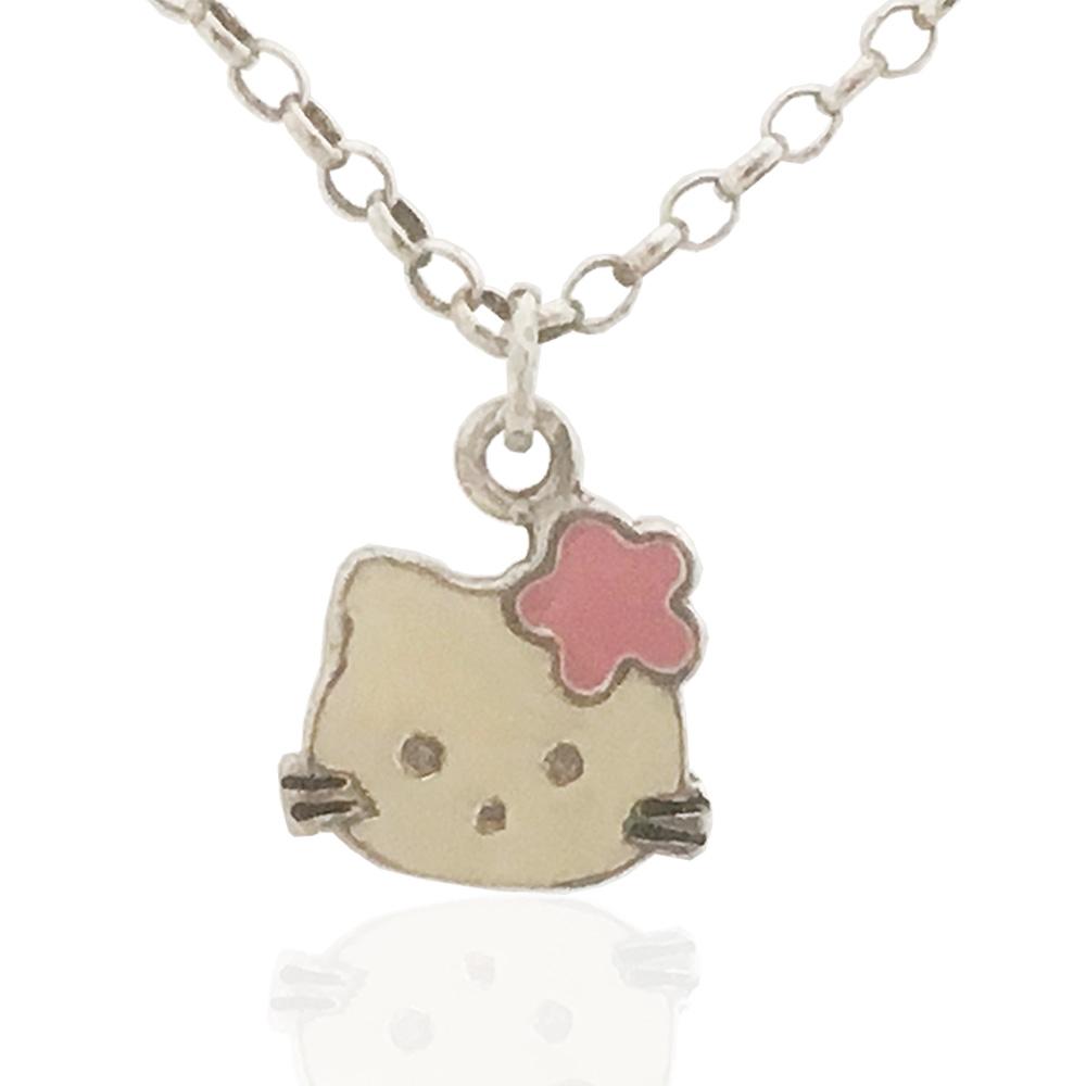 Collana rolo' hello kitty con fiore rosa in argento titolo 925 smaltato a fuoco