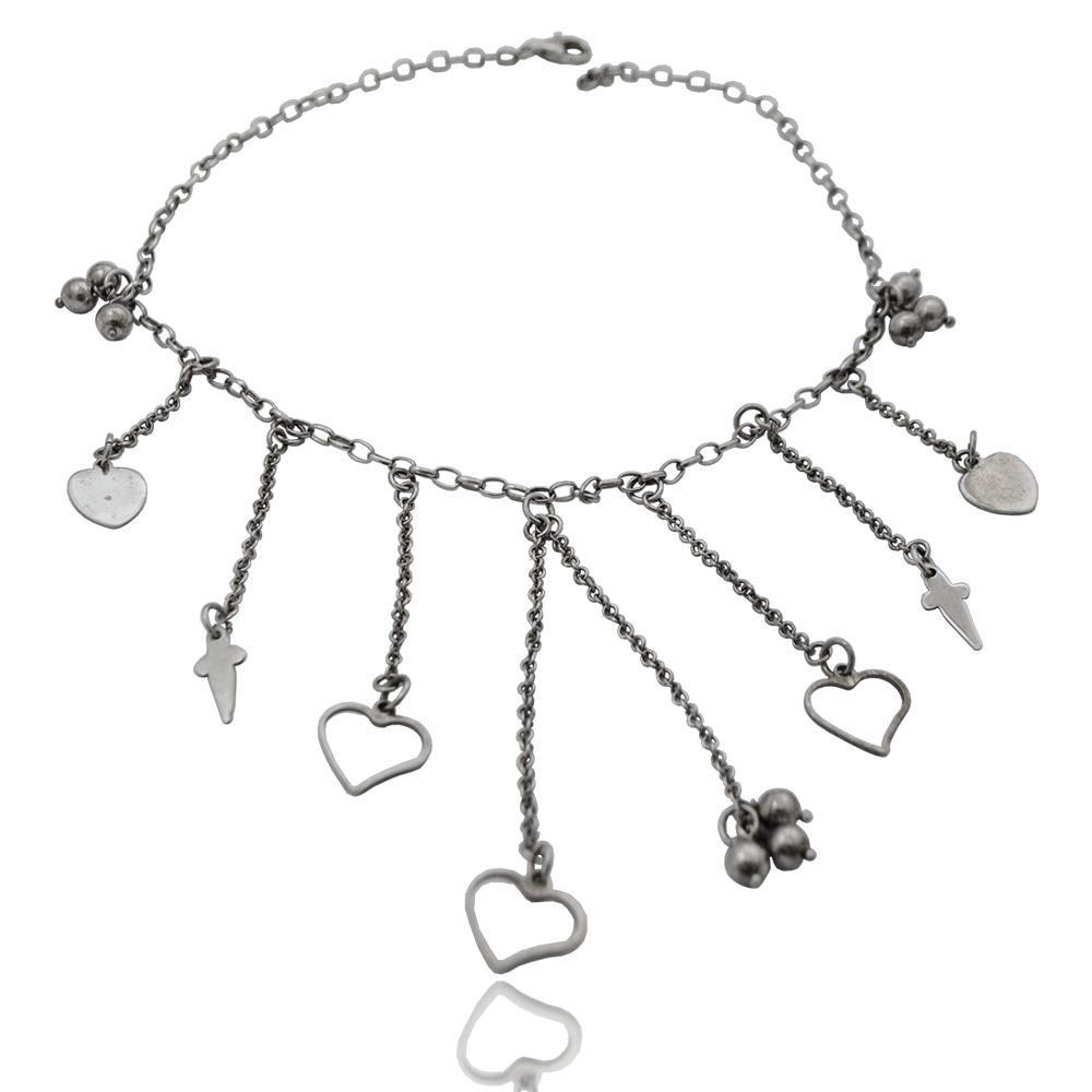 Collana rolo' cm 40 in argento 925 rodiato con cuori e spade pendenti