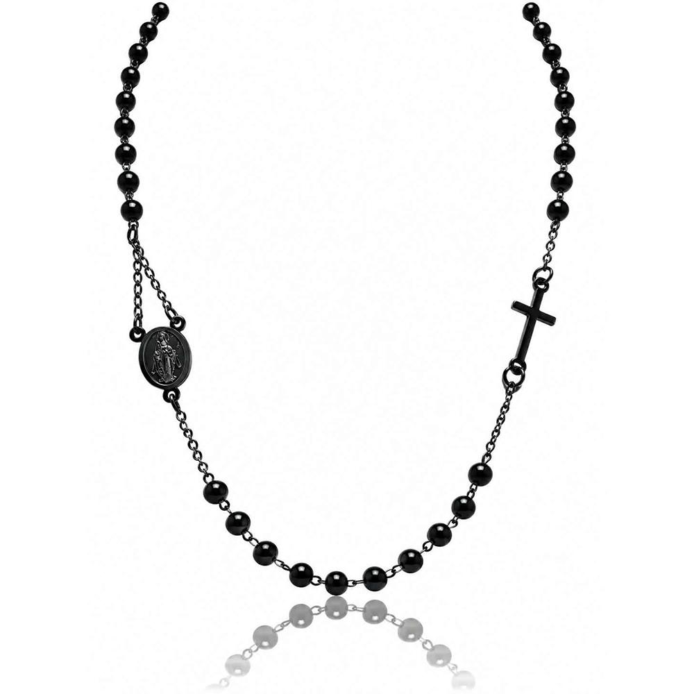 Collana rosario a giro cm 50 in acciaio placcato rutenio con croce e madonna miracolosa e grani da 3 mm 