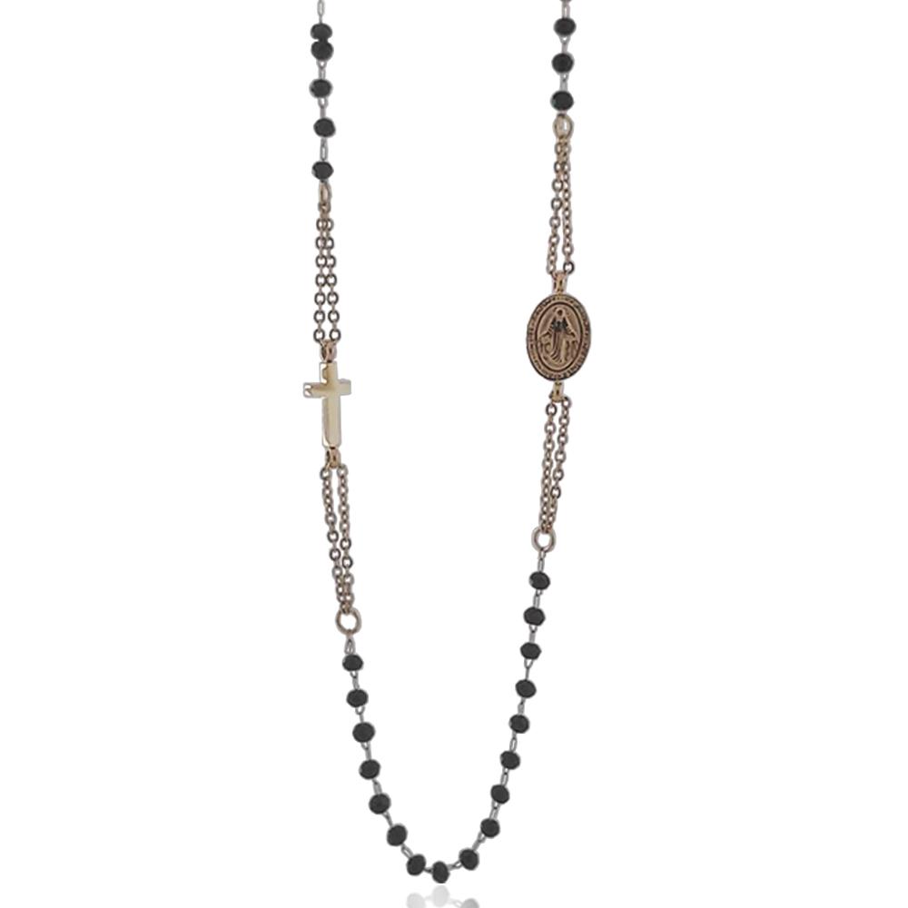 Collana rosario a giro cm 60 in acciaio dorato con croce e madonna e con pietre nere faccettate