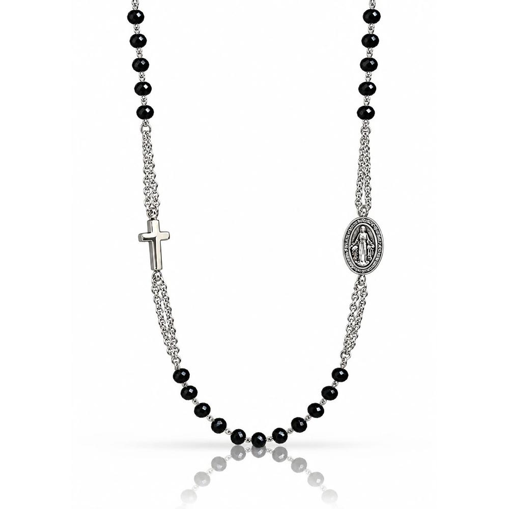 Collana rosario a giro in acciaio con croce e madonna e pietre nere faccettate