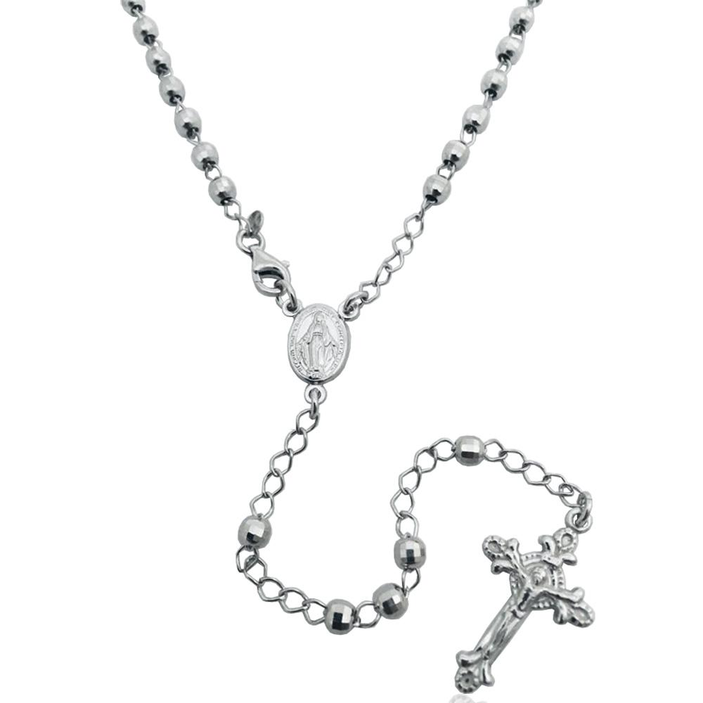 Collana rosario cm 45 con pallina faccettata da mm 4 in argento 925 rodiato con croce e madonna miracolosa centrale